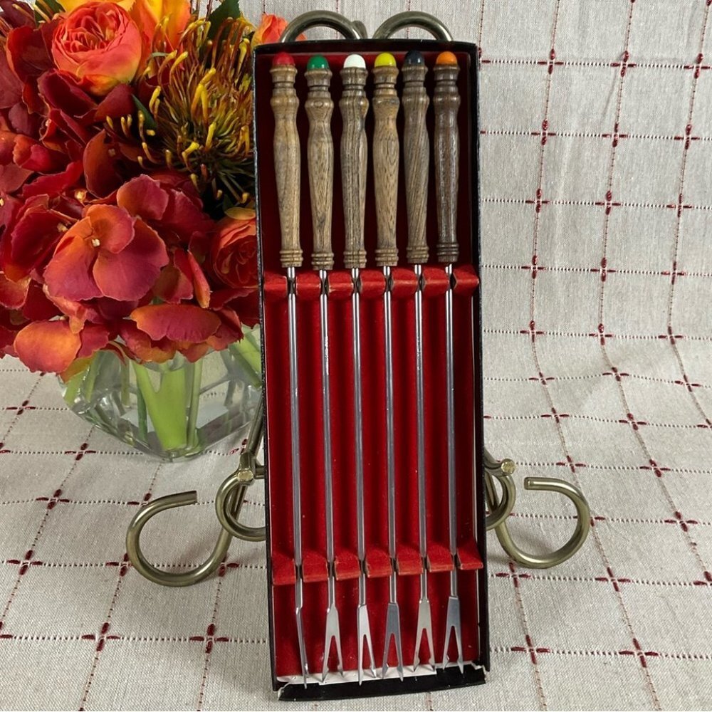 Vtg Japan Styson Fondue Fork Skewers Set Teak Wood Rainbow Ends Colored Ends